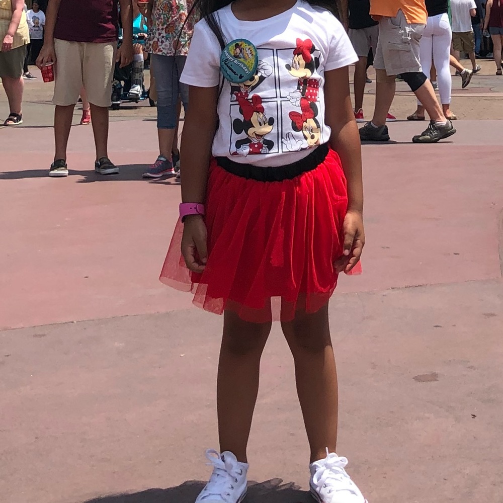 Girls Minnie Mouse shirt and red tool skirt set.